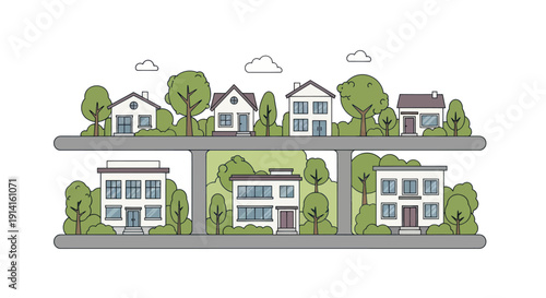 Modern suburban neighborhood with houses, trees, and clouds illustration.