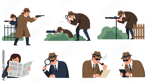 Assorted group of cartoon detectives in trench coats and hats using tools like magnifying glasses and telescopes to solve mysterious crimes.