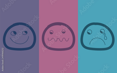Emotions trio happy angry sad faces on colorful backgrounds
