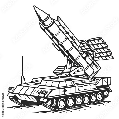 Black and white of a military missile launcher on a tank