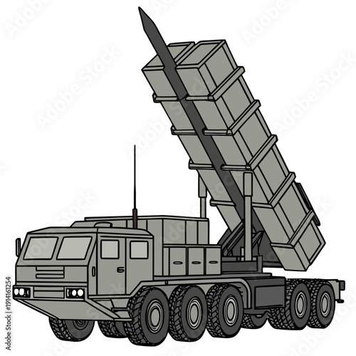 Gray military truck with missile launcher vehicle transportation