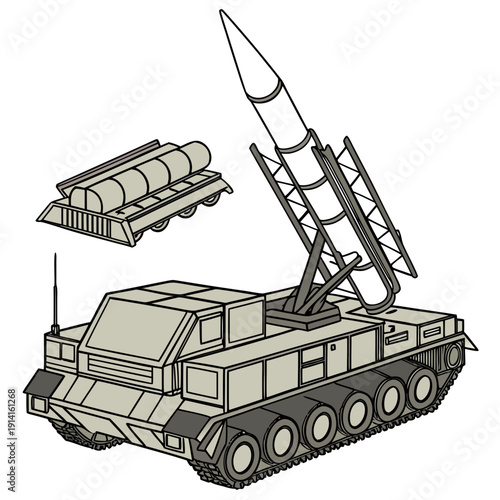 Military missile launcher vehicle with missile and launcher platform