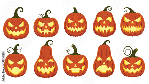 Collection of ten orange Halloween jack o lanterns with diverse scary and happy carved faces, perfect for holiday festive decorations.