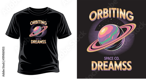 Ringed planet with colorful swirling clouds, orbiting dreams text vector art print templet