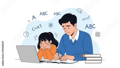 Worried father and his young daughter sitting together at a desk with a laptop, working through a difficult school homework assignment.