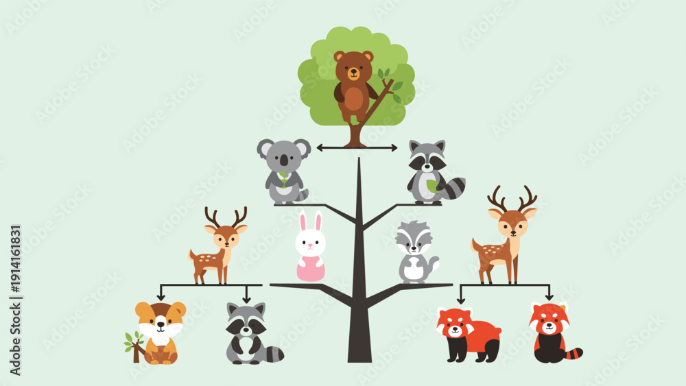 Fototapeta premium Cute woodland animal family tree illustration featuring characters like bears deer raccoons and rabbits in a structured tree format.