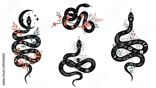 Mystical black snake illustrations adorned with celestial patterns flowers and geometric symbols like the all-seeing eye and moon.