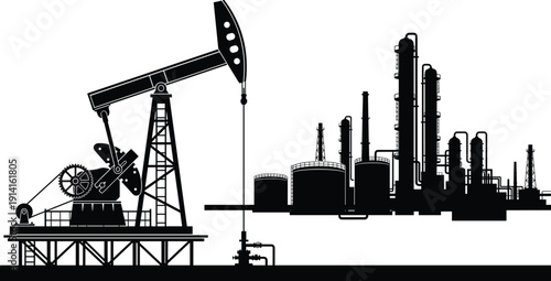 Oil pump jack silhouette with refinery plant background, industrial petroleum energy production, fuel industry, cad drawing flat vector illustration, engineering.