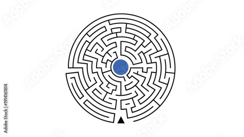 Complex circular maze puzzle game with a blue circle at the center and a black triangle indicating the starting point at the edge.