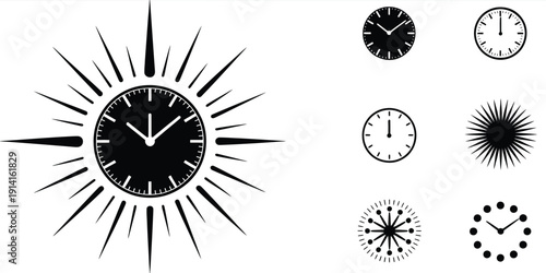 Sunburst Wall Clock Mid Century Decor Silhouette, minimalist vector illustration featuring retro starburst clock design, vintage home decor symbol, modernist interior style