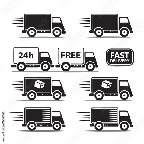 Fast Delivery Truck Icons Set – 24h Delivery and Free Shipping Vector