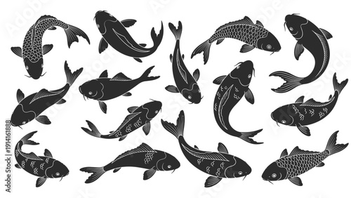 Collection of black silhouette illustrations of koi fish swimming in various fluid directions showcasing different patterns and shapes.