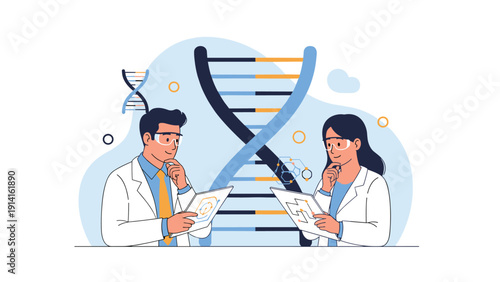 Two scientists in white lab coats wearing safety goggles examining data tablets in front of a large dna double helix structure model.