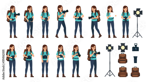 Multiple illustrations of a female photographer in various active poses with camera equipment backpacks and professional studio lighting.