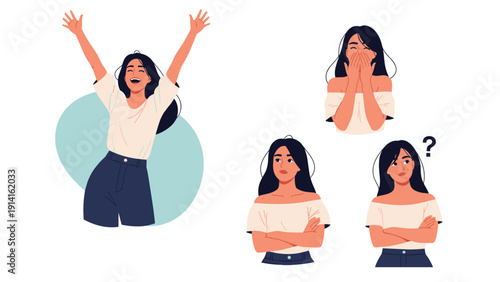 Set of illustrations showing a young woman expressing different emotions like joy surprise contemplation and confusion through gestures.