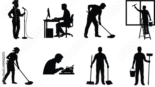 Professional workers silhouette set, chef, office worker, cleaner, window washer, janitor, writer, cad drawing flat vector illustration on white background.