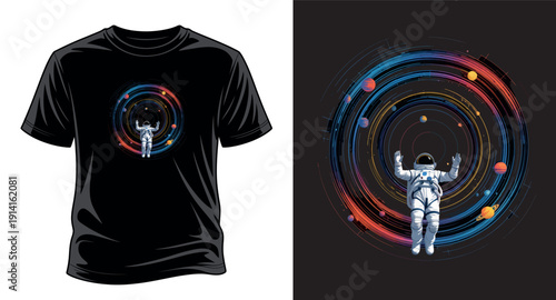 Floating astronaut in center of circular planetary orbits vector illustration for t-shirt design art print templet