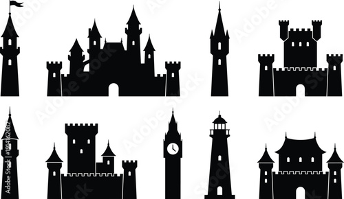Set of castle silhouette, medieval fortress, tower, lighthouse, and palace icons, cad drawing flat vector illustration on white background, architecture shapes.