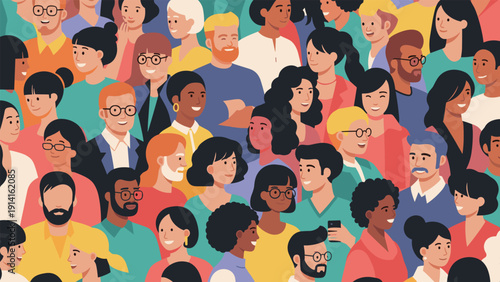 Dense crowd of diverse people from different ethnic backgrounds and ages shown in a colorful and flat vector character illustration style.