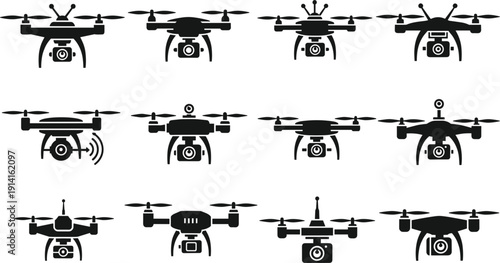 Black and White Drone Quadcopter Icon Set with Various Camera Attachments for Aerial Photography, Surveillance Technology, and Remote Controlled Aircraft Design Projects