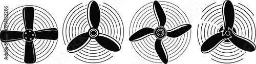 Black Propeller and Fan Blade Icon Set with Rotating Motion Lines for Aviation, Industrial Ventilation, Cooling Systems, and Marine Engine Engineering Designs