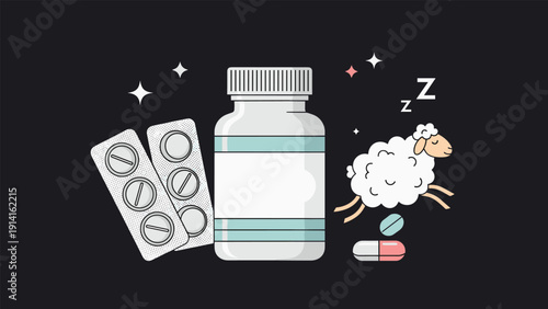 Healthcare and insomnia concept featuring a medicine bottle blister packs of pills and a sleeping sheep against a dark night background.