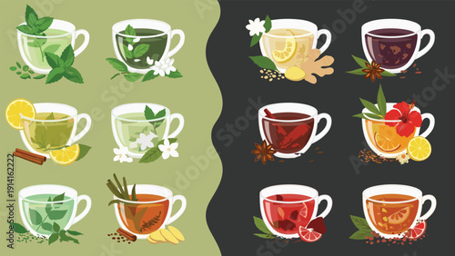 Beautiful collection of various herbal tea cups filled with ingredients like mint lemon ginger hibiscus star anise and fresh leaves.