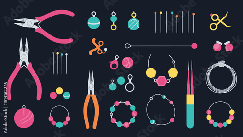 Tools and supplies for jewelry making including pliers beads wire necklaces and findings arranged on a dark professional workspace background.