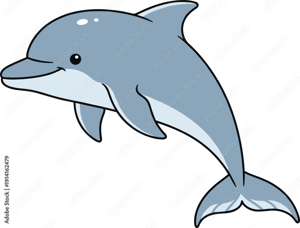 Obraz premium Cute Blue Cartoon Dolphin Character Vector Illustration Isolated on White Background for Children Education, Marine Life Book Graphics, and Nautical Theme Preschool Designs