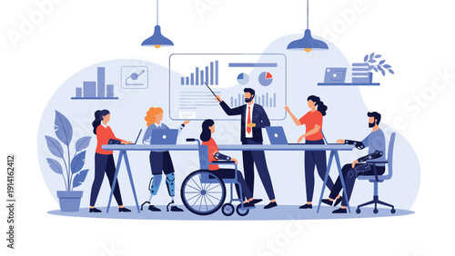 Diverse business team with different physical abilities collaborating on financial data and strategy in a bright modern office.
