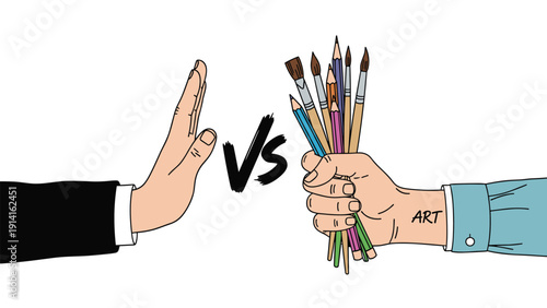 Conceptual illustration showing one hand holding art brushes versus another hand gesturing a stop sign on a white background.