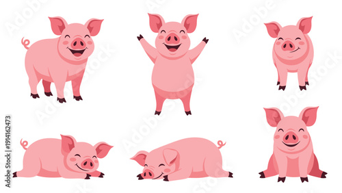 Large collection of cute pink pigs shown in various playful poses and expressions including sitting, standing, and lying down.