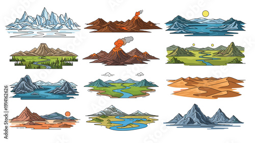 Diverse collection of natural landscapes including mountains, volcanoes, rivers, and deserts shown in an illustrative style.