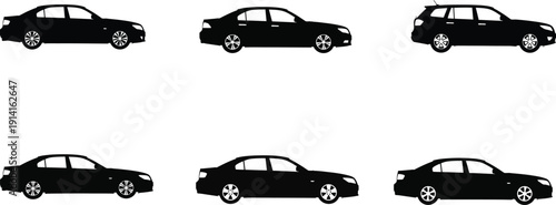 Six black silhouette cars in different positions
