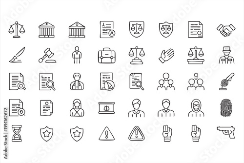 Law and justice outline icons with court and police symbols