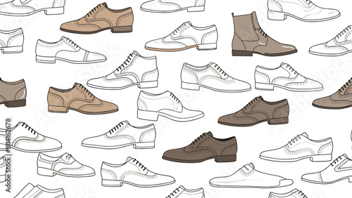 Seamless pattern background featuring various types of classic dress shoes and leather boots in brown and white line art.