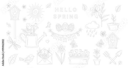 Hello spring hand drawn doodle background with floral garden elements and cute seasonal line art