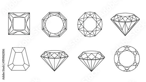 Selection of classic diamond cut shapes shown from different perspectives in clean black and white line drawings.