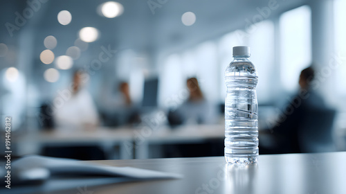 Water bottle on office desk with blurred office employees background