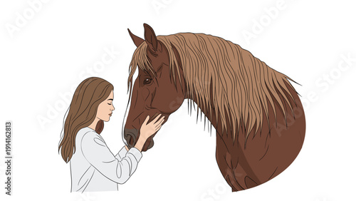 Young woman showing gentle affection to a beautiful brown horse with a long mane on a plain white background.