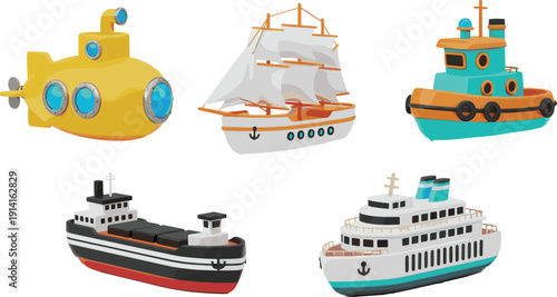 Collection of Marine Vessel Vector Illustrations Featuring Yellow Submarine, Sailing Ship, Tugboat, Cargo Ship, and Cruise Liner for Nautical and Maritime Industry Designs