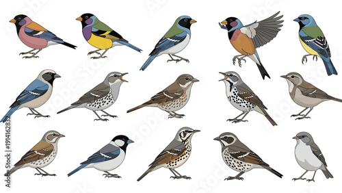 Detailed illustrations of diverse bird species with colorful plumage shown from the side in various natural poses.