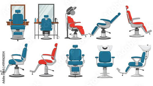 Large collection of professional barber and salon chairs in different colors and styles from various camera angles.