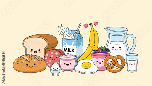Group of adorable food characters with faces including bread, milk carton, fried egg, pretzel, and strawberry yogurt.