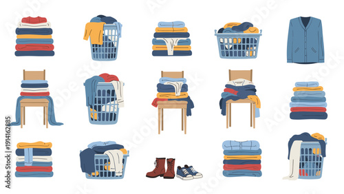 Various stacks of neatly folded clothes and plastic laundry baskets representing common household chores and organization.