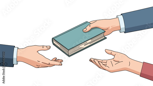 Conceptual illustration of a book being passed between hands symbolizing the sharing of knowledge, education, and the gift of reading.