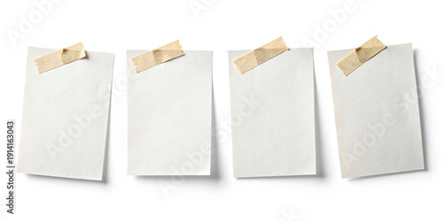 Empty paper for text isolated on white or transparent background. Post it note with paper on wall with Masking tape.