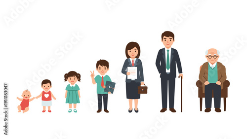 Illustration showing the stages of human life from an infant and toddler to an adult professional and finally to an elderly person in a chair.