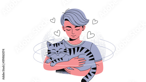 Young person with short hair happily hugging a striped grey cat with floating heart icons to represent the joy of pet ownership and love.
