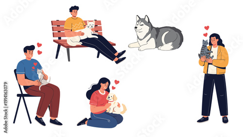 Set of people interacting with their pet dogs and cats in a cozy environment showing the strong bond and affection between humans and animals.